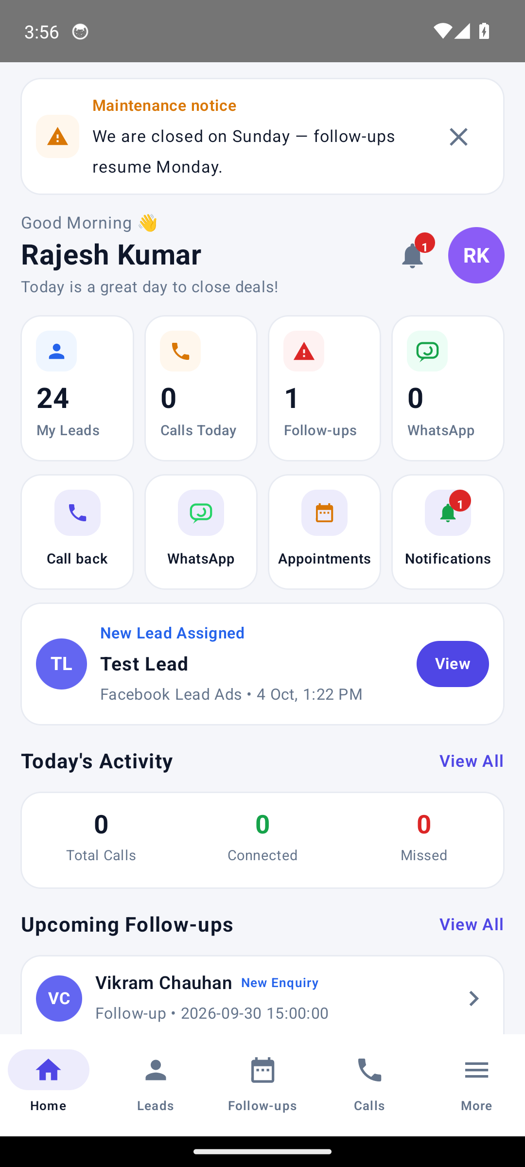 Mobile app home screen showing the day's leads, calls, follow-ups, appointments and new-lead alerts