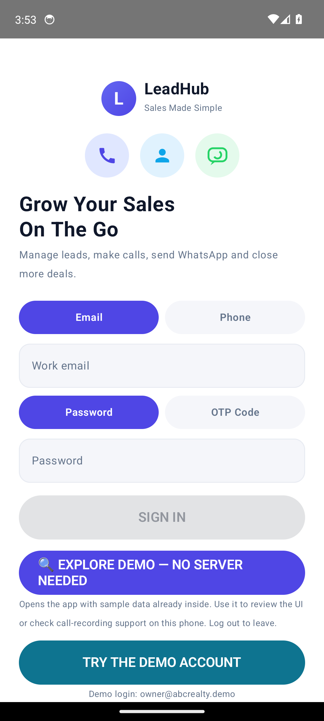 The app's login screen — sign in with the same credentials as the web CRM