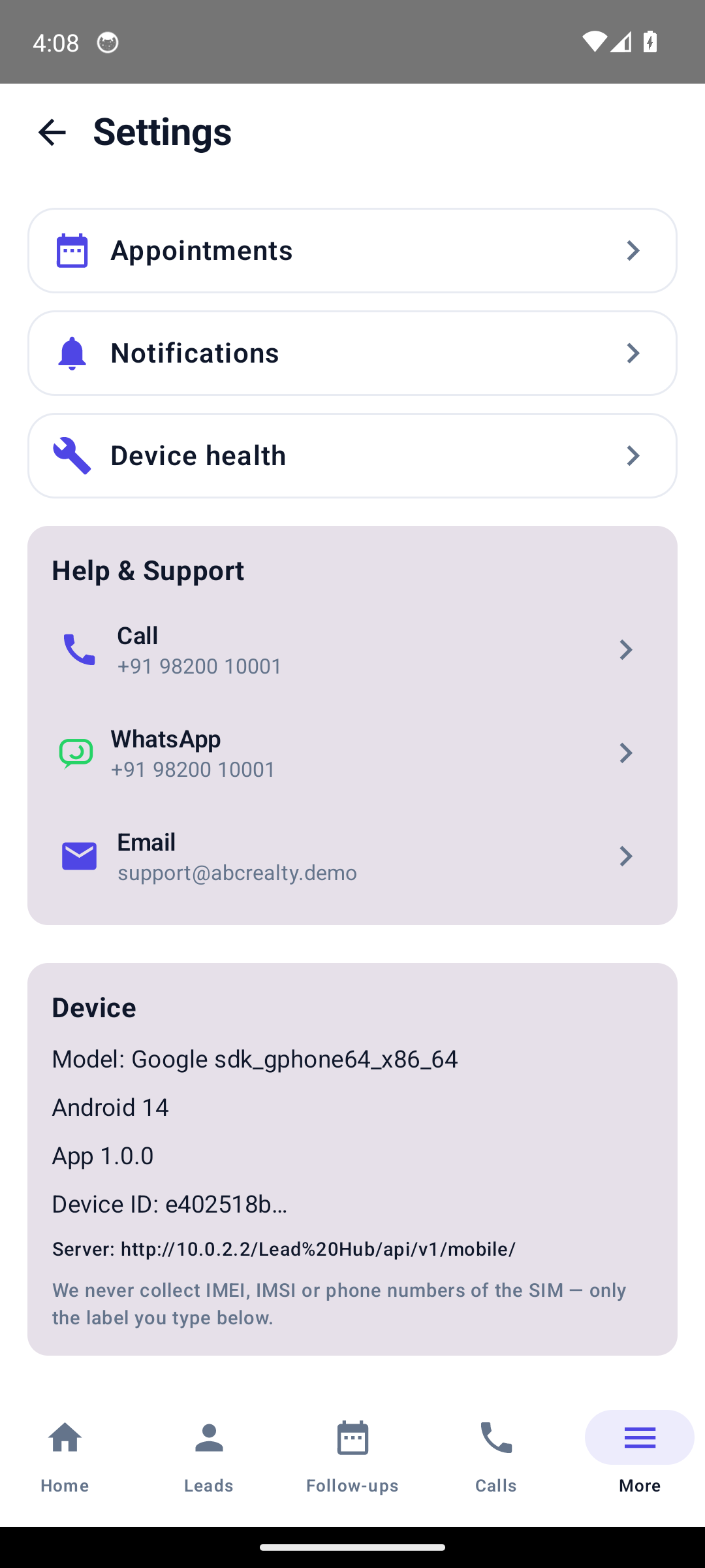 The phone side — Settings → Device shows what each handset reports