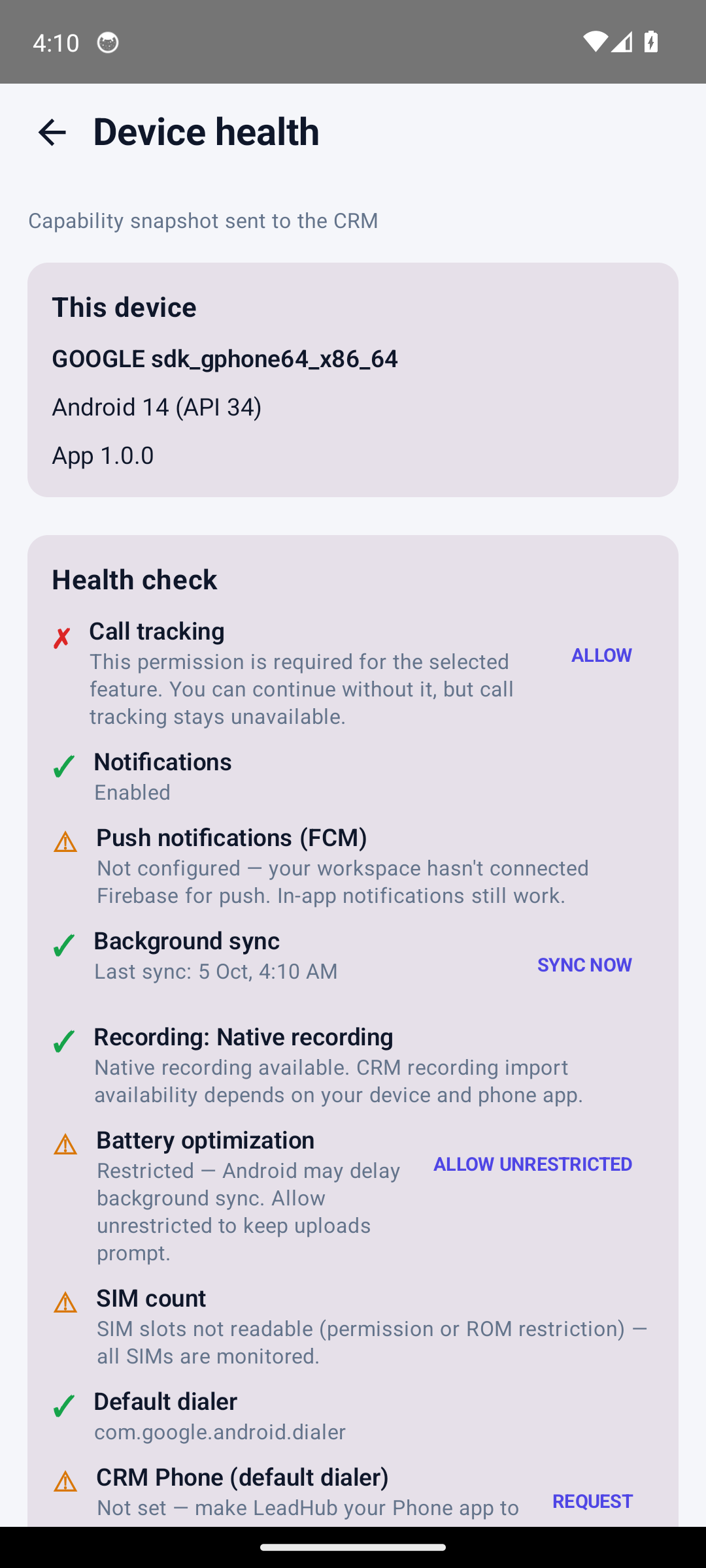 Device health — the Recording row shows this phone's detected level