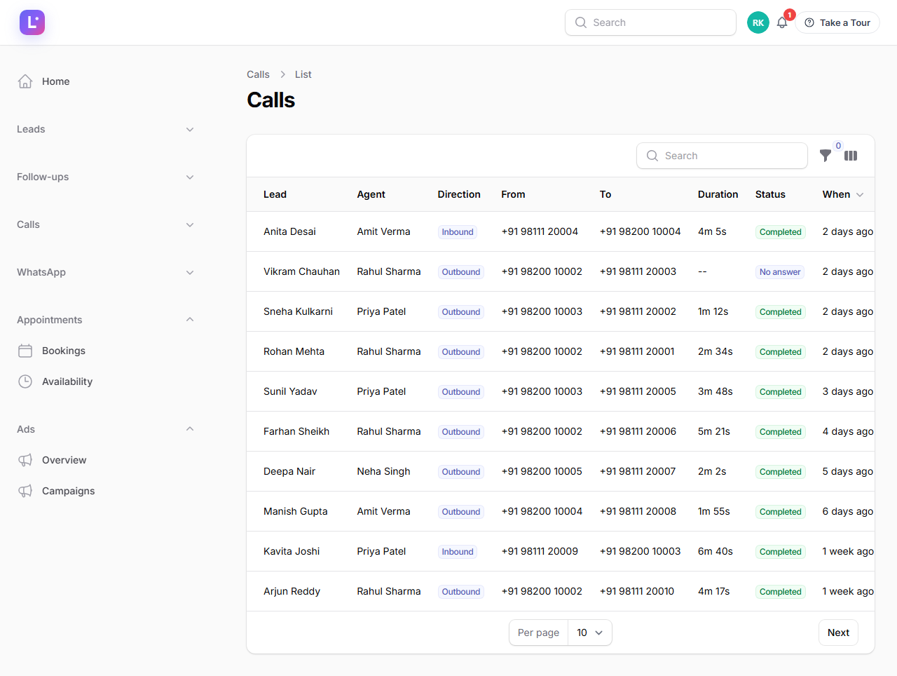 Call sheet listing calls with lead, agent, direction, duration and status