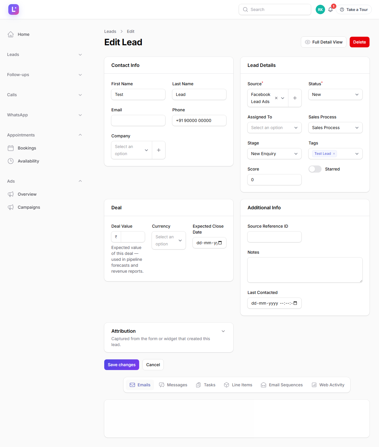 A lead's 360 view in the CRM — the full customer journey on one screen