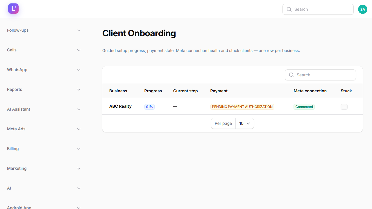 Client onboarding dashboard
