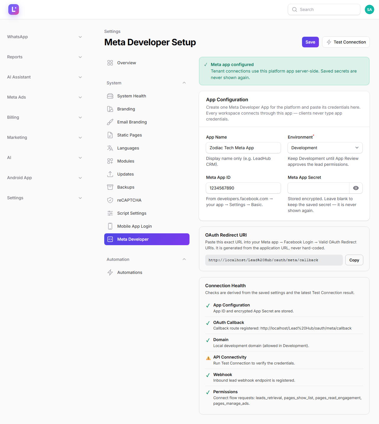 Meta Developer settings