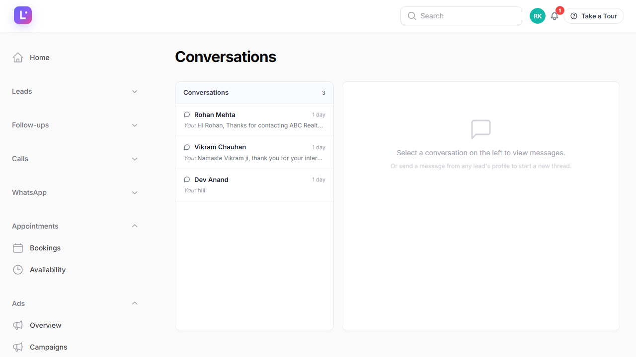 WhatsApp conversations inbox inside the CRM listing threads with lead names and previews
